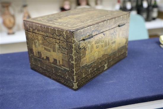 A Chinese export gilt-decorated black lacquer tea caddy, 19th century, W. 28cm